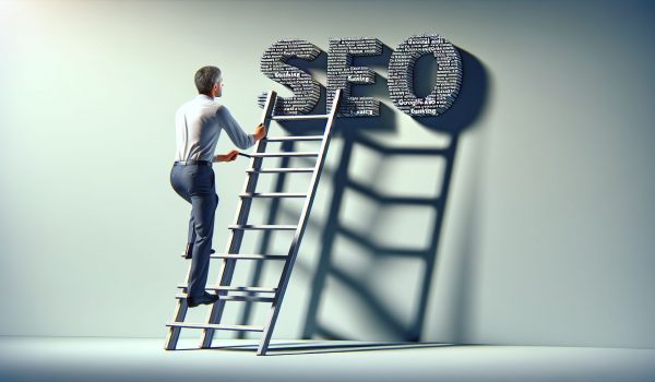Eine Person die auf einer Leiter nach oben klettert die von den Worten SEO Google Ads und Ranking ge